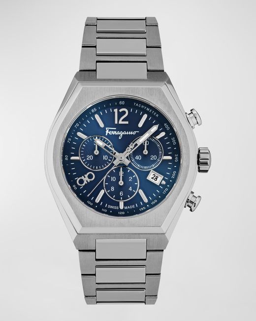 Ferragamo 42mm Tonneau Chronograph Watch with Bracelet Strap Blue