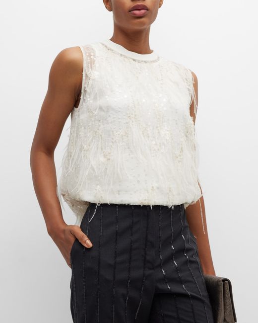 Brunello Cucinelli Sequin and Ostrich Feather Embellished Tank Top