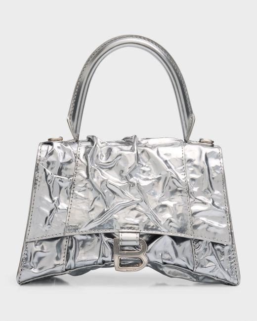 Balenciaga Hourglass Crinkled Metallic Top-Handle Bag
