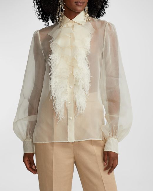 Ralph Lauren Collection Dylon Ruffle-Bib Feather-Trim Organza Collared Shirt