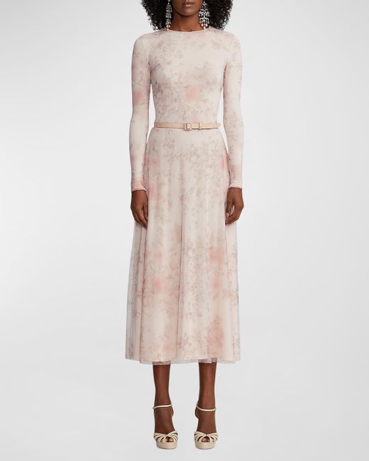 Ralph Lauren Collection Painted Garden Long-Sleeve Tulle Midi Dress With Leather Belt