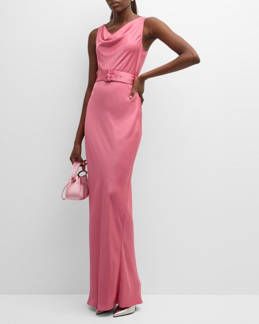 Lapointe Cowl-Neck Belted Sleeveless Satin Bias Gown
