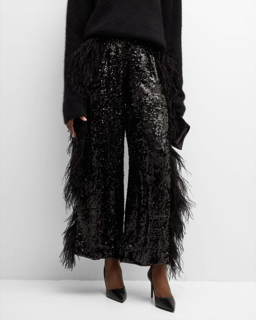 Lapointe Feather Side-Stripe Sequin Relaxed Wide-Leg Trousers