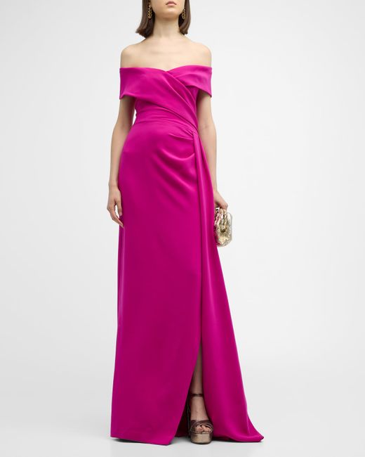 Rickie Freeman for Teri Jon Pleated Off-Shoulder Draped Crepe Gown