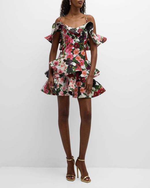 Oscar de la Renta Hollyhocks Floral-Print Off-The-Shoulder Ruffle Mini Dress