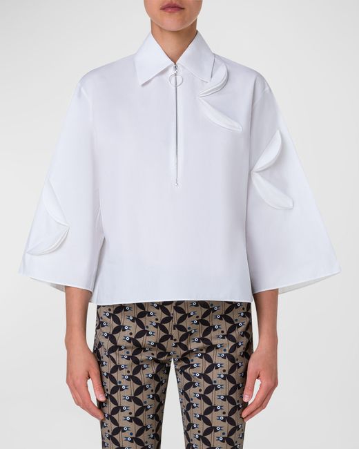 Akris Punto Bird-Applique Cotton-Gabardine Quarter-Zip Kimono Blouse