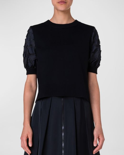 Akris Punto Wool Knit Top with Embroidered Bishop Sleeves
