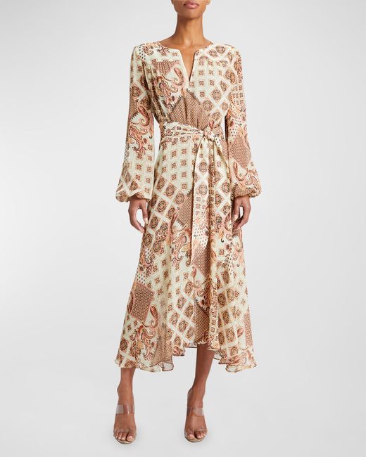 Santorelli Aubree Geo-Print Blouson-Sleeve Midi Dress