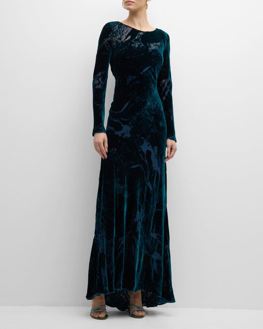 Alberta Ferretti Burnout Velvet Long-Sleeve Gown