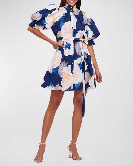 Leo Lin Eli Belted Puff-Sleeve Floral-Print Mini Dress