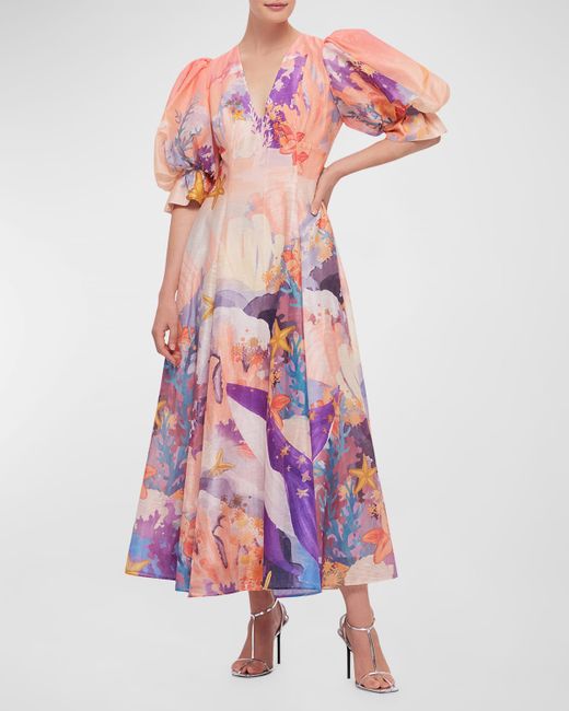 Leo Lin Lara Puff-Sleeve Coral-Print Maxi Dress