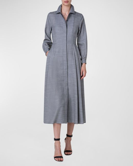 Akris Long-Sleeve Pleated Wool-Silk Midi Shirtdress