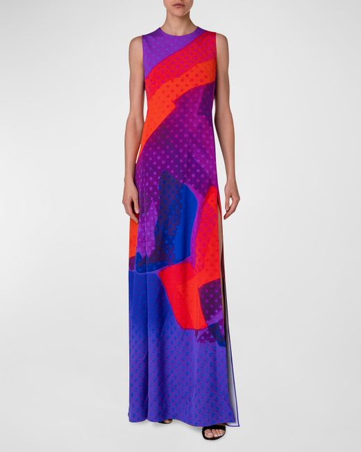 Akris Superimposition-Print Sleeveless Slit-Hem Silk Crepe Gown