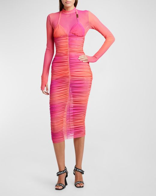 Versace Jeans Couture Long-Sleeve Ruched Mesh Midi Dress