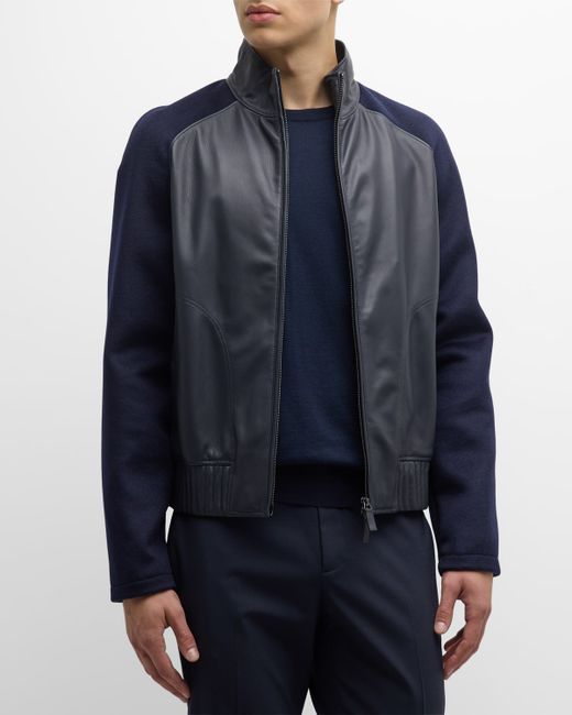 Emporio Armani Leather Bomber Jacket with Knit Sleeves