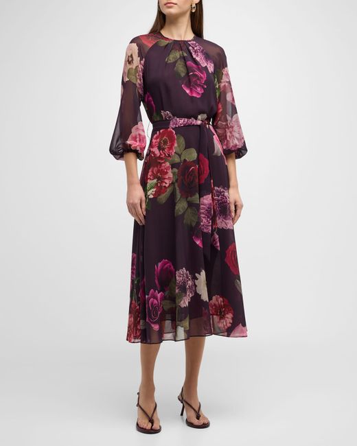 Rickie Freeman for Teri Jon Belted Floral-Print Blouson-Sleeve Midi Dress