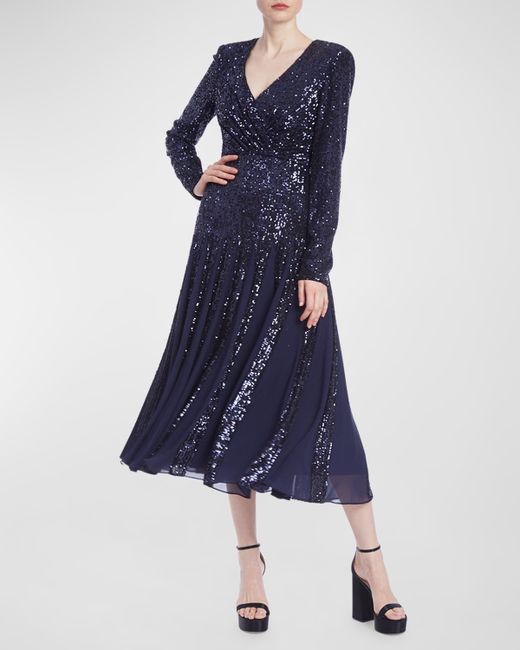 Badgley Mischka Collection Long-Sleeve Sequin Godet Midi Dress