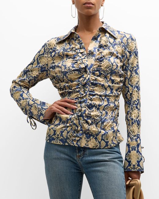 Ganni Fitted Button-Front Crinkled Satin Shirt