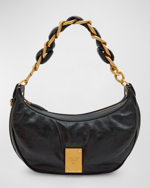 Balmain 1945 Crinkled Leather Chain Hobo Bag