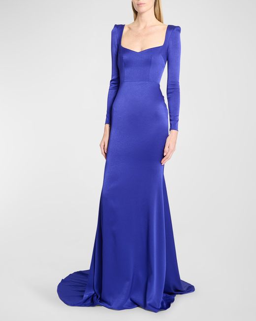 Alex Perry Satin Crepe Angled Portrait Long-Sleeve Gown