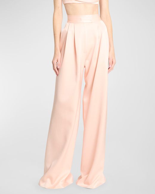 Alex Perry High-Rise Pleated Wide-Leg Satin Crepe Trousers