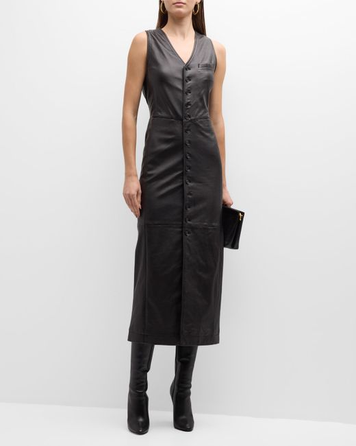 Frame Button-Front Faux-Leather Midi Dress