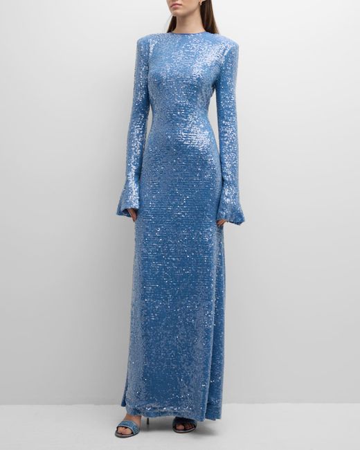 Lapointe Sequin Flare-Sleeve Strong-Shoulder Maxi Dress