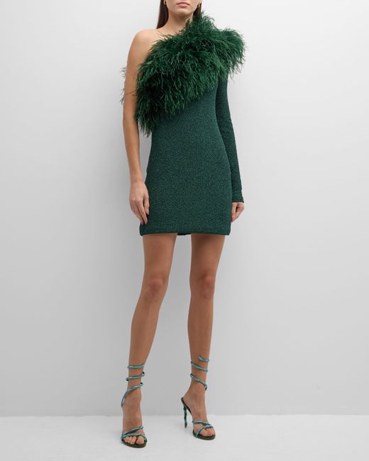 Lapointe Feather-Trim Textured Metallic Jersey One-Shoulder Mini Dress