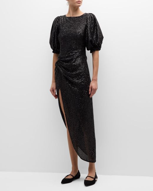 In The Mood For Love Sahar Sequin Puff-Sleeve Asymmetric Midi Dress