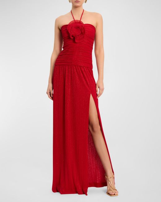 Rebecca Vallance Samantha Side-Slit Shimmer Halter Gown