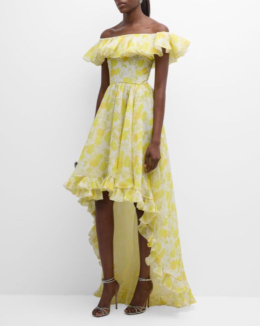 Giambattista Valli Floral-Print Ruffle Off-The-Shoulder Silk Georgette High-Low Dress