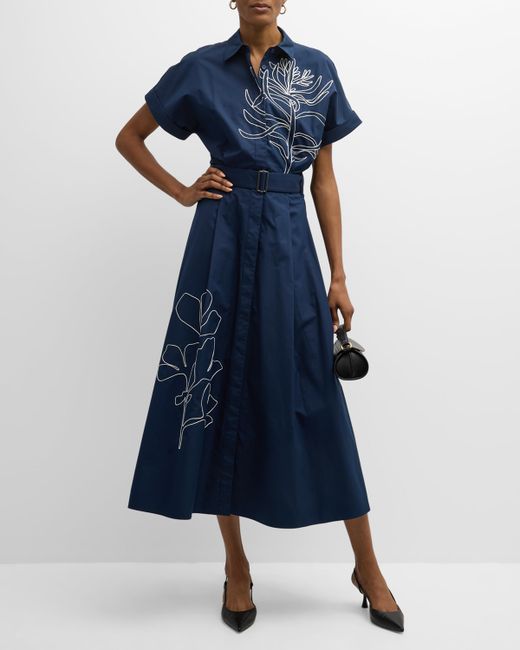Lafayette 148 New York Floral-Embroidered Cotton Midi Shirtdress
