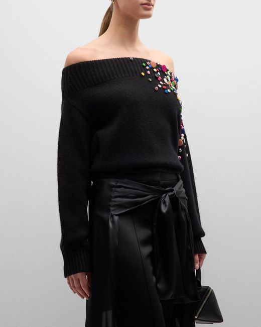 Hellessy Bruno Button Embellished Off-Shoulder Wool Cashmere Sweater