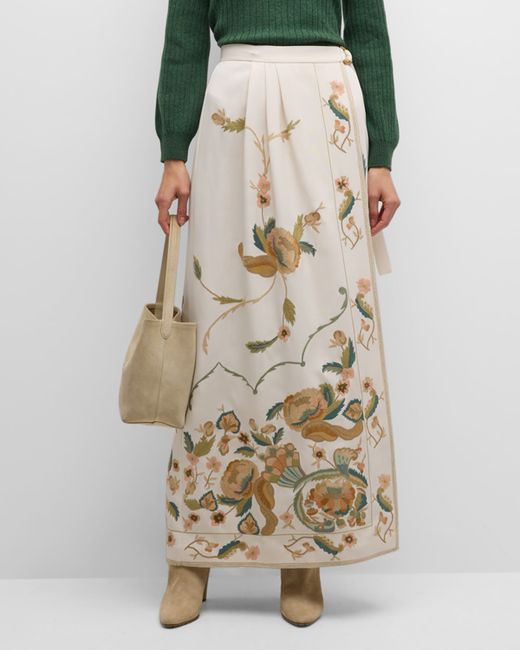 Loro Piana Athina Moroccan Floral Embroidered Cady Maxi Wrap Skirt