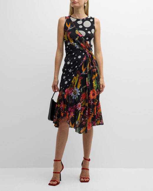 Fuzzi Draped Polka-Dot Floral-Print Midi Dress