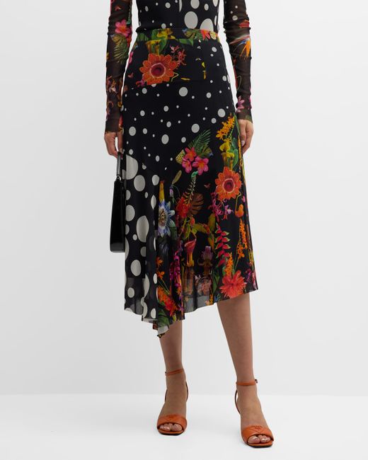 Fuzzi Polka Dot Floral-Print Tulle Midi Skirt