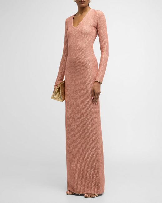 St. John V-Neck Long-Sleeve Signature Sequin Twill Knit Gown