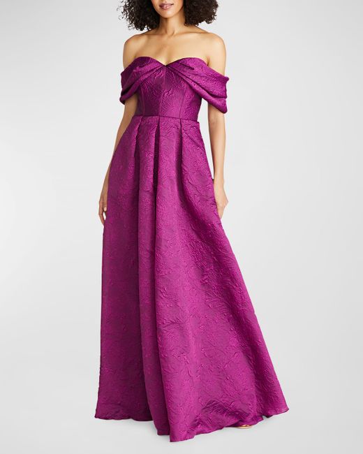Theia Joelle Off-Shoulder Pleated Jacquard Gown
