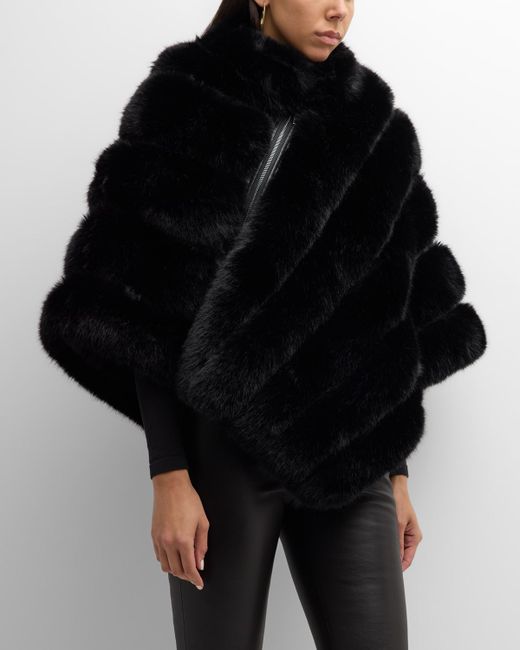 Adrienne Landau Asymmetric Striped Faux Fur Poncho