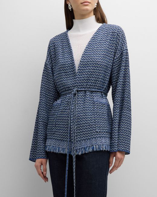Misook Tie-Waist Fringe-Trim Intarsia Knit Tweed Jacket