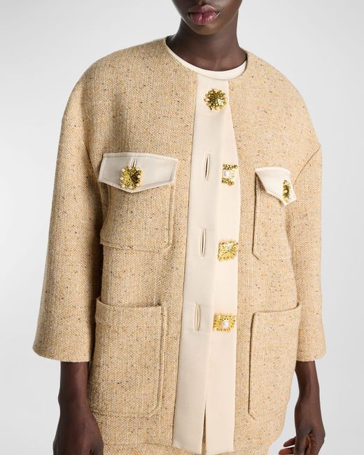 St. John Satin-Trim Novelty-Button Collarless Tweed Jacket