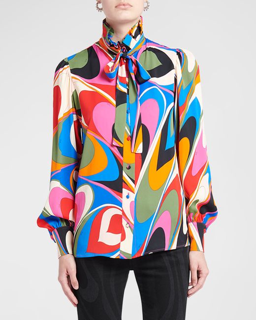 Emilio Pucci Abstract-Print Neck-Tie Ruffle-Collared Shirt