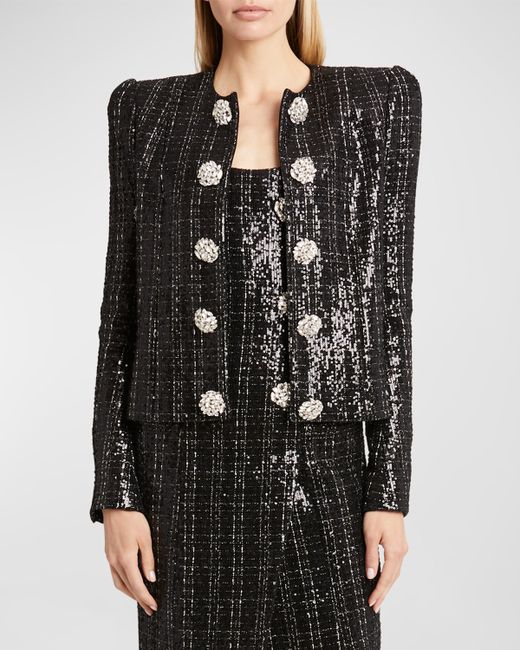 Balmain Collarless Glitter Tweed Jacket with Jewel Buttons