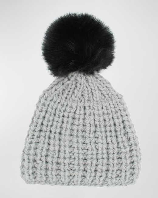 Surell Accessories Chunky Crochet Knit Beanie With Faux Fur Pom