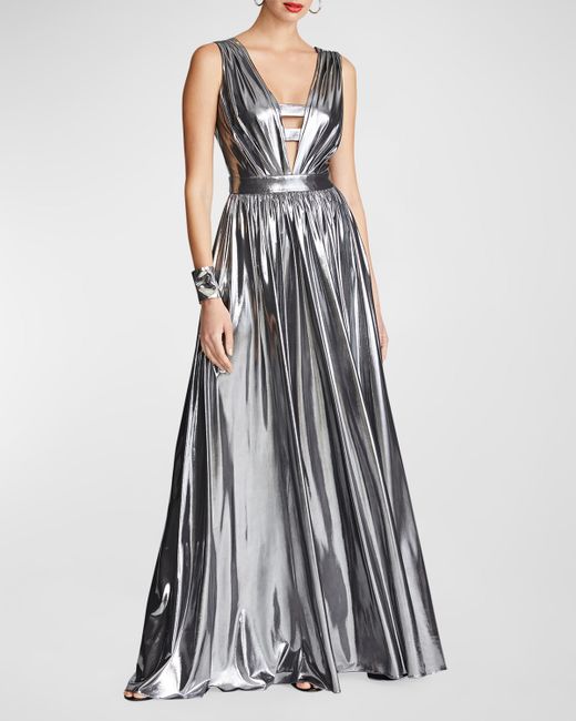 H Halston Titania Sleeveless Cutout Foiled Jersey Gown