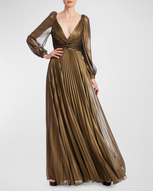 Badgley Mischka Collection Pleated Metallic Twist-Front A-Line Gown