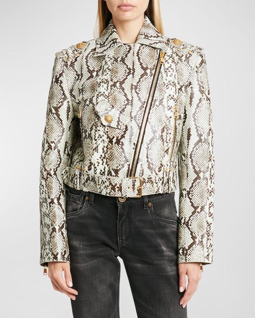 Balmain Cropped Python-Printed Leather Biker Jacket