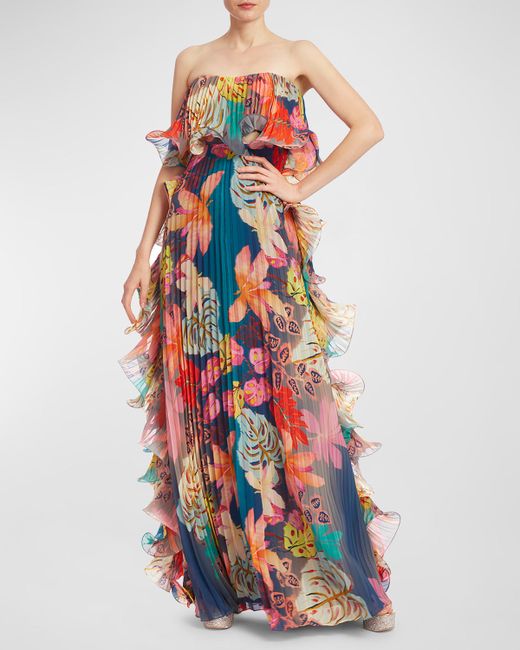 Badgley Mischka Collection Pleated Strapless Print Ruffle Gown