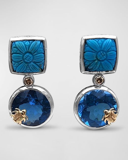 Stephen Dweck Hand Carved Turquoise Topaz and Champagne Diamond Earrings