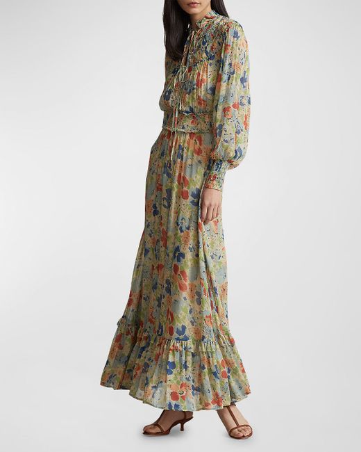 Polo Ralph Lauren Smocked Print Flounce Maxi Dress